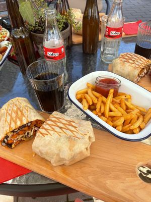 Seitan burritos and fries  at Muhurito in Muhu