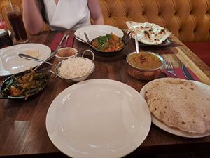 Dhal, okra, chapati, rice at Obsession of India in Glasgow