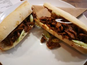 Hoisin duck baguette, with lettuce and spring onions at Aubergine in Cardiff