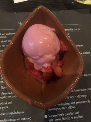 Raspberry sorbet with fresh strawberries at 't Zusje in Bergen Op Zoom