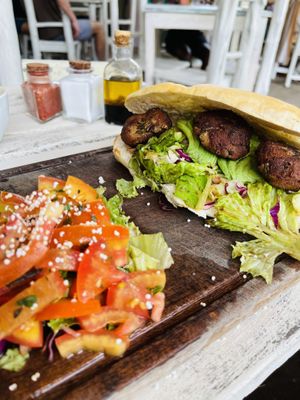 Focaccia with eggplant meatballs (vegan)  at Painapol in Holbox