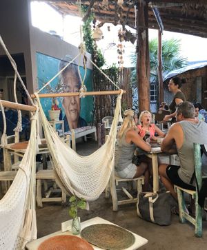 The seating area at Painapol in Holbox
