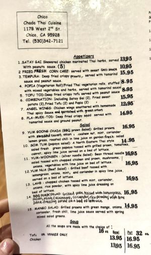 Menu  at Chada Thai in Chico