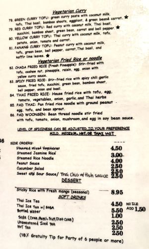 Vegetarian menu  at Chada Thai in Chico