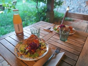 Dinner in the garden with organic apple juice at Vita Organica Slow Food & Liv (-ing) in Busturia