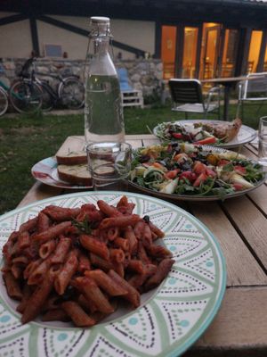 In front the vegan pasta I had. With a spicy sauce of black olives.  Mouth watering. at Vita Organica Slow Food & Liv (-ing) in Busturia