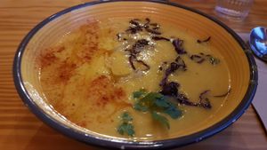 Squash soup with coconut milk and gorgeous plating at Vita Organica Slow Food & Liv (-ing) in Busturia