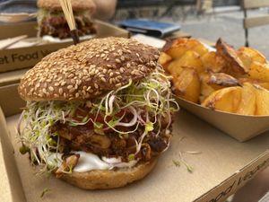 Pulled pork burger with potato wedges…DELICIOUS! at VegaSpix in La Ciotat