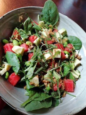 A nice Asian salad with watermelon, avocado, soy beans and a tasty dressing at VRIENDSCHAP in Middelburg