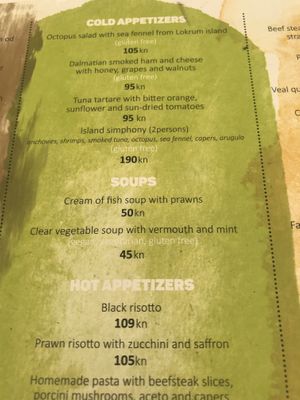 Menu  at Lacroma in Dubrovnik