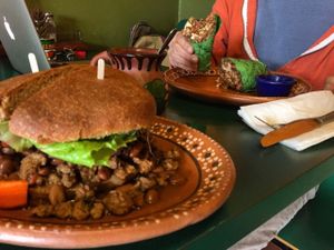 brunch chili cheese burger and breakfast burrito at Leonor's Mexican Vegetarian Restaurant in Studio City