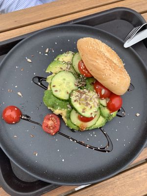 Vegan Bagel with Hummus at AmaZone Cafe in Moliets