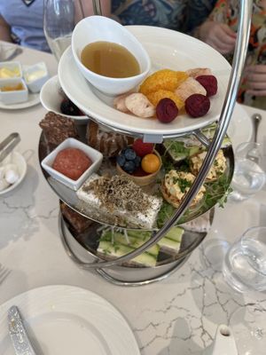 Vegan sandwiches and sweets. Top tier is white chocolate fondue.  at The Huntington Rose Garden in San Marino