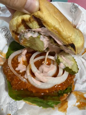 Buffalo chicken sandwich with sesame ranch  at Bubbie's - Plant Burgers at Plant Food Lab in Washington