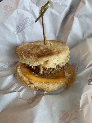 Agave fried chicken and biscuit at Bubbie's - Plant Burgers at Plant Food Lab in Washington