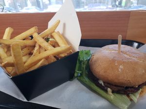 Bleu Burger and fries! (And "bacon"!) at Bubbie's - Plant Burgers at Plant Food Lab in Washington