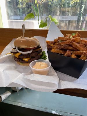 Double burger and sweet potato fries, super good!  at Bubbie's - Plant Burgers at Plant Food Lab in Washington