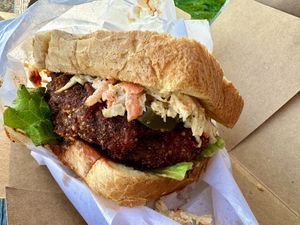 Nashville, vegan chicken sandwich with photo taken after it was in takeout packaging for 20 minutes  at Bubbie's - Plant Burgers at Plant Food Lab in Washington