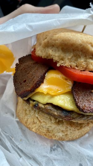Egg & cheese biscuit, added sausage n bacon   at Bubbie's - Plant Burgers at Plant Food Lab in Washington