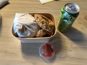 Pretty Burger, onion rings, and sparkling waterr  at Bubbie's - Plant Burgers at Plant Food Lab in Washington