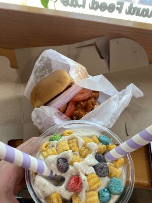 Buffalo chicken sandwich and Cap’n Crunch shake  at Bubbie's - Plant Burgers at Plant Food Lab in Washington