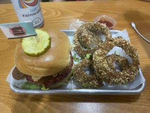 Beer burger and onion rings 18  at Bubbie's - Plant Burgers at Plant Food Lab in Washington