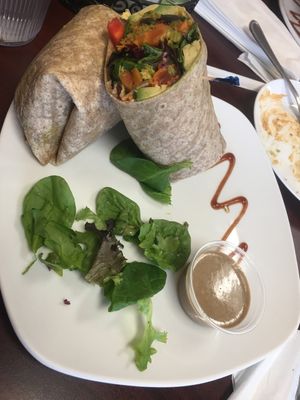 Veggie burger wrap. Very good. I added avocado (2 bucks! Crazy) at Healthy Garden and Gourmet Pizza in Voorhees