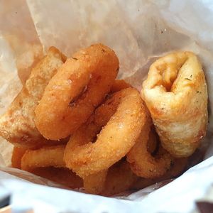 Small onion rings $5 and serve of 2 veggie dimsims $5 at Saki Souvlaki  in Cheltenham