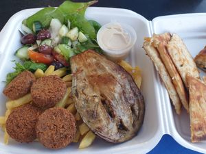 Falafel plate, with extra grilled eggplant at Saki Souvlaki  in Cheltenham