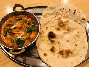 # vegetarian set 
 # vegetables curry 
# egg and milk free bread 
 at Newdelhi Indian in Kyoto