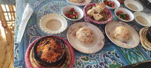 Aubergine Bachamel Tagine with Rice, Salad, Tahini and Bread at Nubian Dreams in Aswan