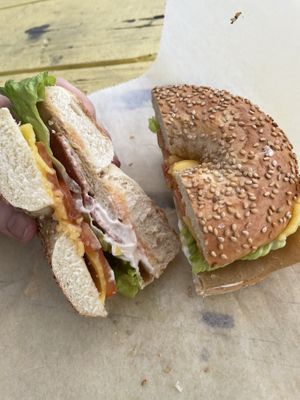 Vegan turkey, provolone, bacon, and mayo!!  at Shmagels Bagels in Ocean City