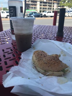 Everything bagel with hummus, spouts and avocado. Mocha latte with almond milk.  at Shmagels Bagels in Ocean City