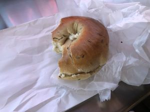 (Vegan) Plain bagel with vegan cream cheese at Shmagels Bagels in Ocean City