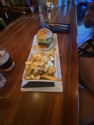 Vegan miso poutine and mushroom burger   at Pitchfork Eatery in Nelson