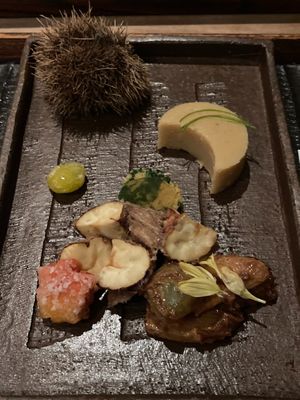 Shiizakana: corn cake, gingko nut, chestnut, momiji-fu, persimmon at Kajitsu in New York City