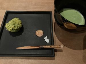 Seasonal wagashi: green tea bean paste, sweet potato cookie, rabbit-shaped candy, matcha (tea pairing) at Kajitsu in New York City
