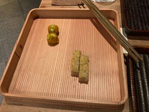 Hassun: edamame in kabocha paste, chrysanthemum and  ginger cake at Kajitsu in New York City