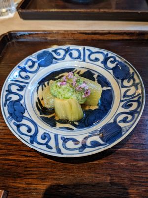 eggplant in ponzu with shiso flowers and okra at Kajitsu in New York City