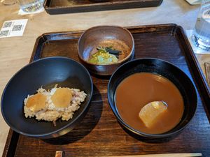 miso soup, rice with myoga ginger, knotweed + pistachio at Kajitsu in New York City