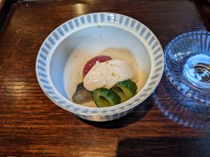 simmered zucchini, tomato, eggplant with fermented tofu sauce at Kajitsu in New York City