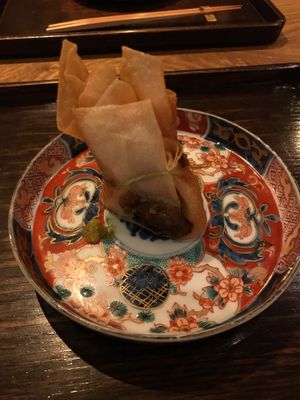 Fried spring roll with ground mushroom and ginkgo nuts at Kajitsu in New York City