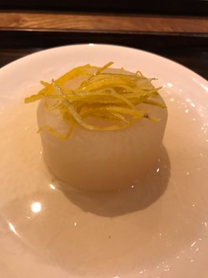 Simmered daikon with yuzu zest at Kajitsu in New York City