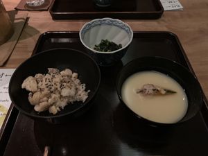 Chestnut rice, white miso soup, arugula and chrysanthemum leaves at Kajitsu in New York City