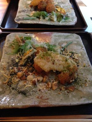 Fourth course - kabocha tempura, hazelnuts, pumpkin seeds, etc. at Kajitsu in New York City
