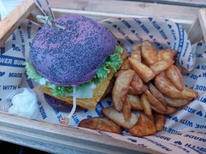 Flower burger and potato wedges at Flower Burger in Marseille