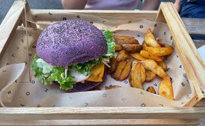 Flower Burger with potato wedges at Flower Burger in Marseille