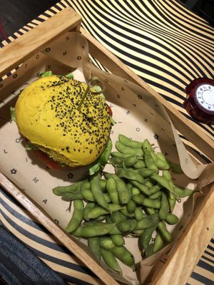 Spicy chickpea burger with Edamame  at Flower Burger in Marseille