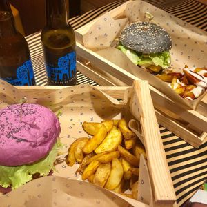 Cherry Bomb, Flower Burger, wedges & Patatas Bravas (wedges with mayo & ketchup)  at Flower Burger in Marseille