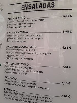 Menu page salads at Piada in Pontevedra